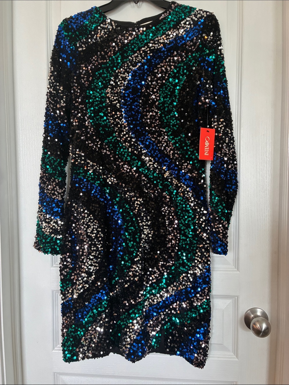 Black Sequin Long-Sleeve stretch Formal Dress with Green & Blue Accents
